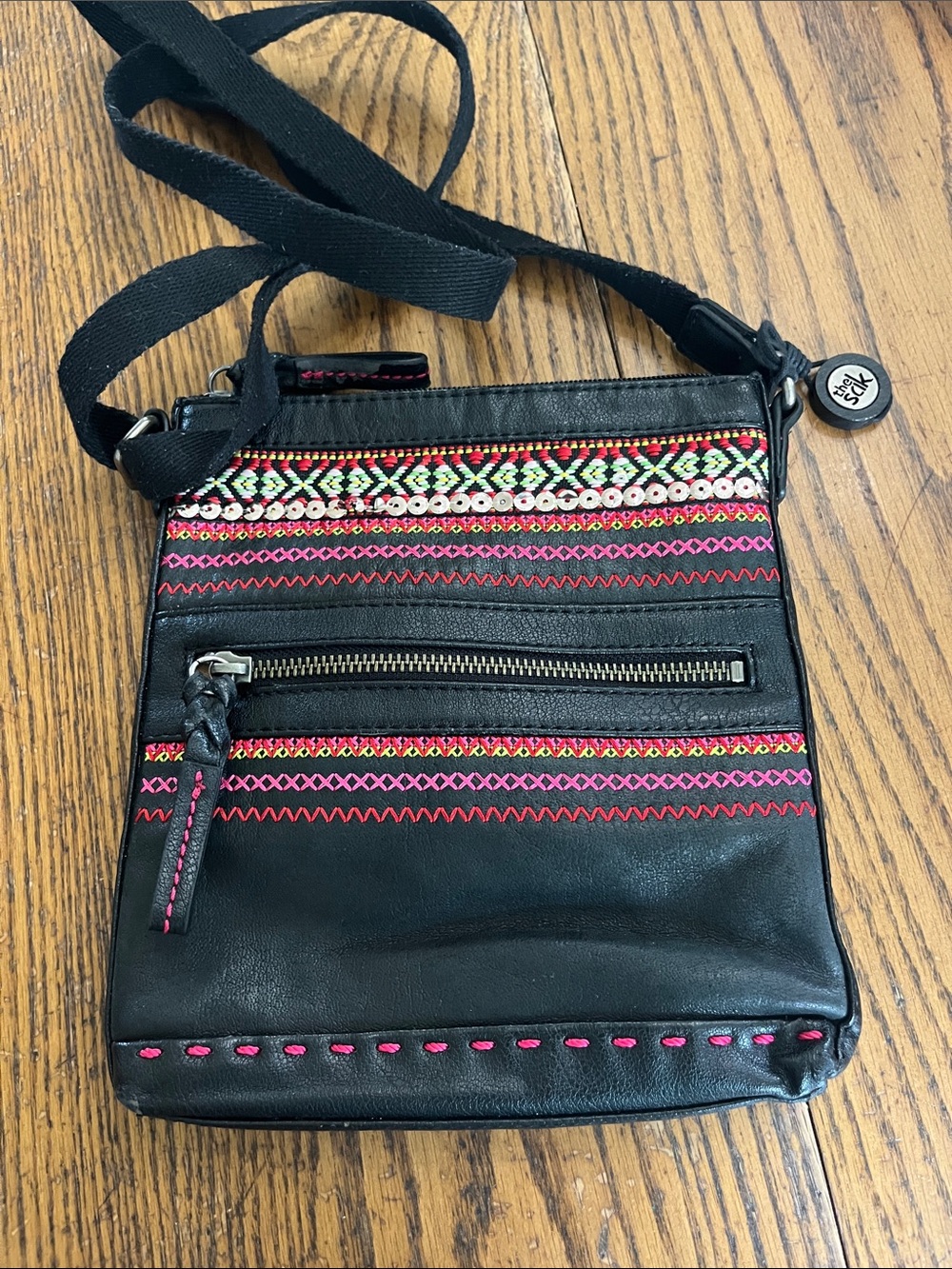 The Sak Black Crossbody with Pink and Multicolor Embroidery
